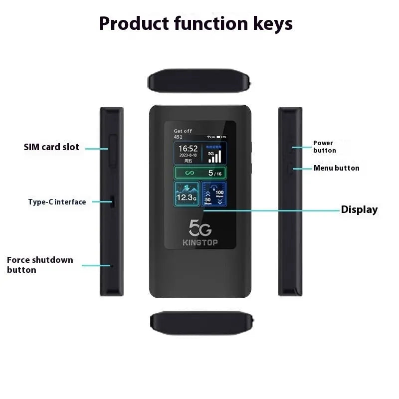 Black portable 5G MiFi router with LCD screen showing network status