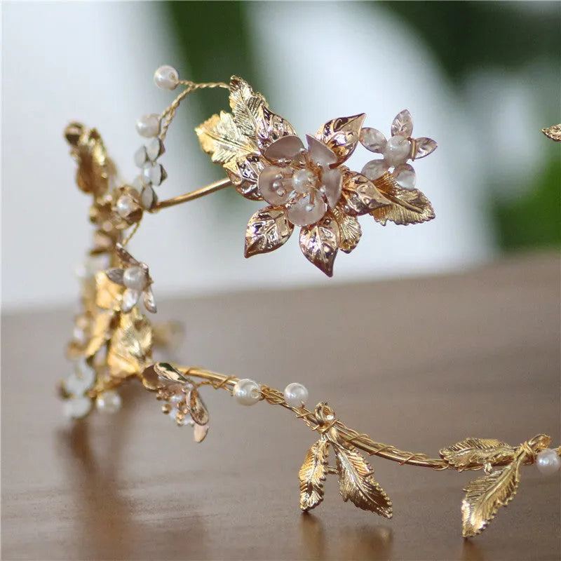 Shaped asymmetric handmade bridal crown Kc gold with imitation pearl and rhinestone details