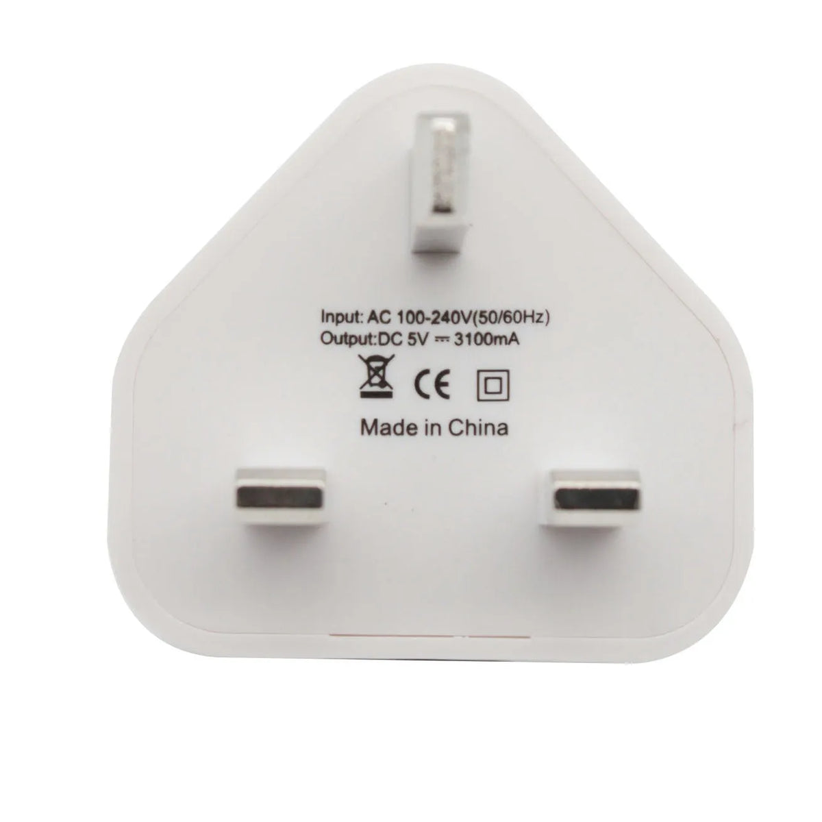 White UK plug USB wall charger with three USB ports, ABS body, 4.5x4.5x5cm, compatible with iPhone