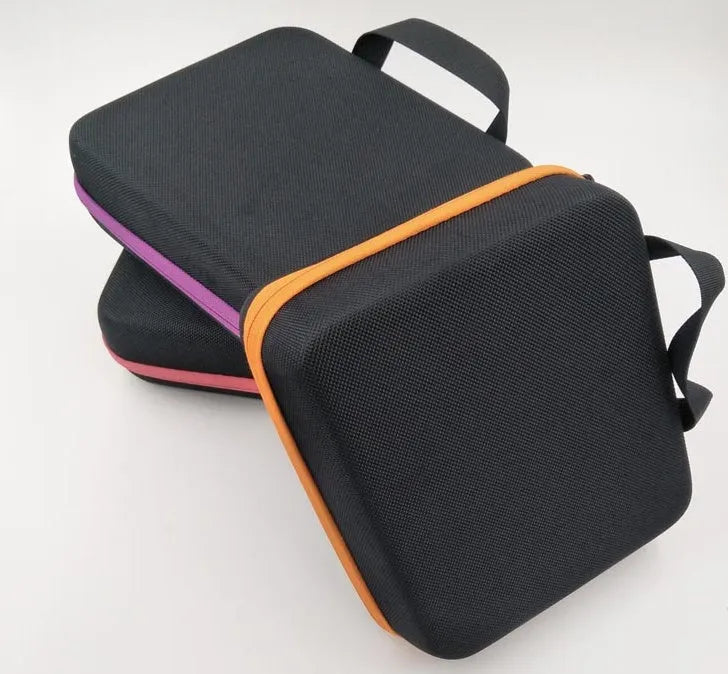 Red EVA essential oil storage bag with 30 clear compartments, shown with bottles, featuring a zip and wall mount.