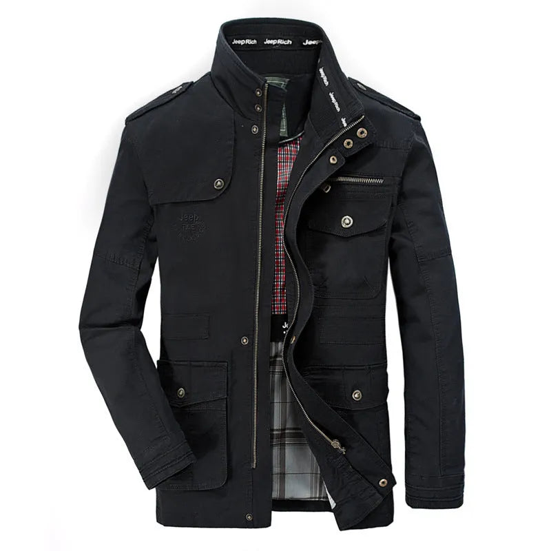 Men's long cotton casual jacket, loose fit, stand collar, zip front, military colour, khaki or black, sizes M to 7XL.
