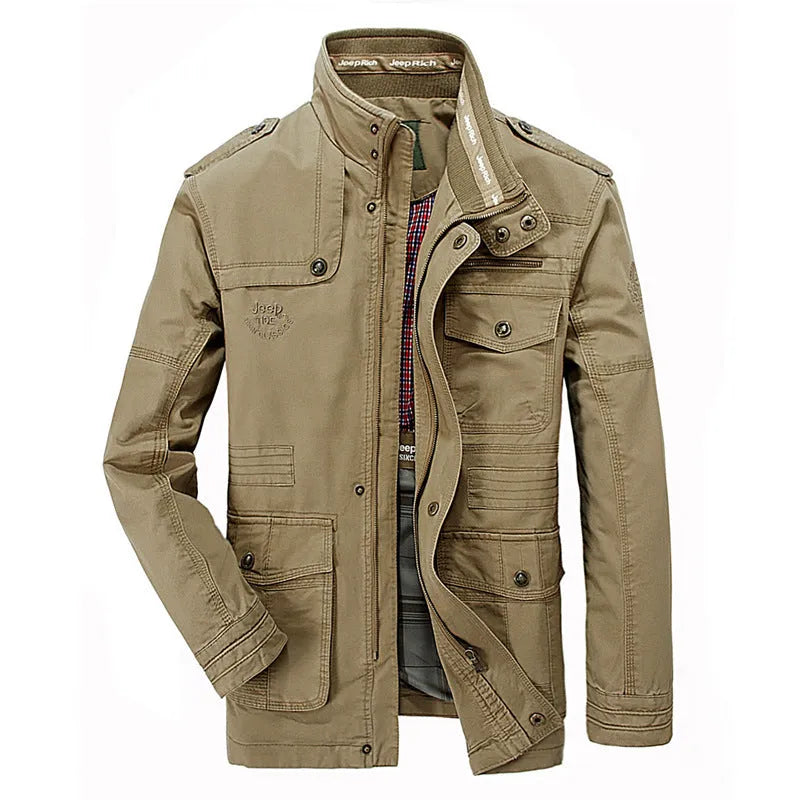 Men's long cotton casual jacket, loose fit, stand collar, zip front, military colour, khaki or black, sizes M to 7XL.