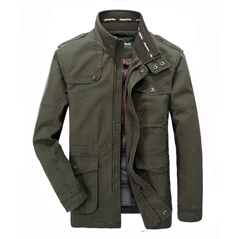 Men's long cotton casual jacket, loose fit, stand collar, zip front, military colour, khaki or black, sizes M to 7XL.