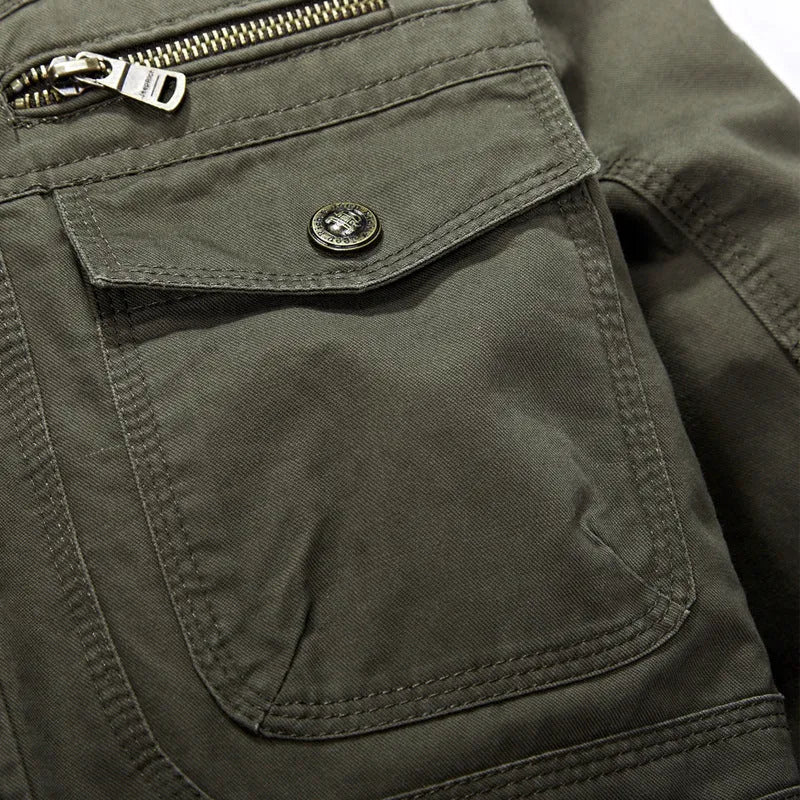 Men's long cotton casual jacket, loose fit, stand collar, zip front, military colour, khaki or black, sizes M to 7XL.