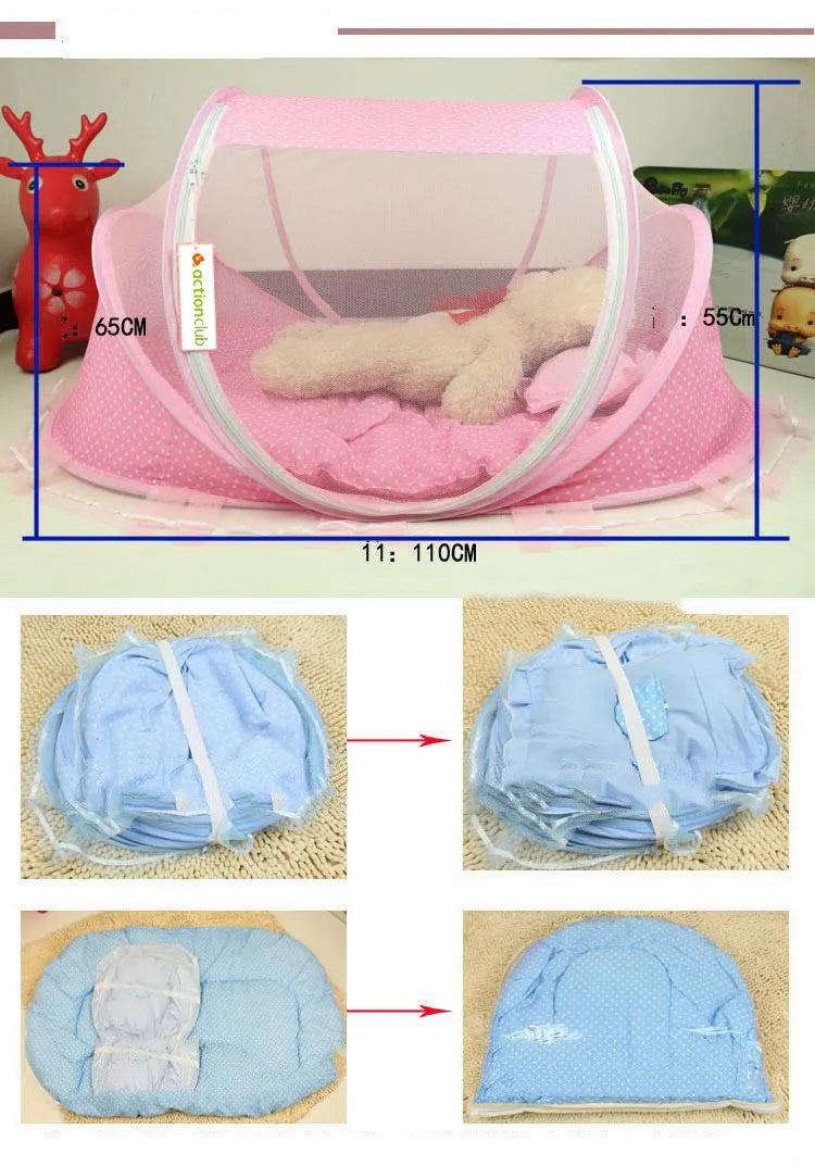 Foldable baby bed net 110x65x60cm with mattress and pillow in blue or pink mesh and steel wire frame
