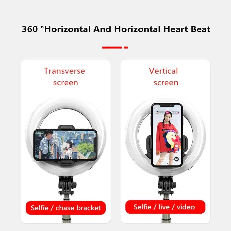 Black aluminium alloy selfie stick tripod with 5-inch ring fill light holding a smartphone, extended to show pole height