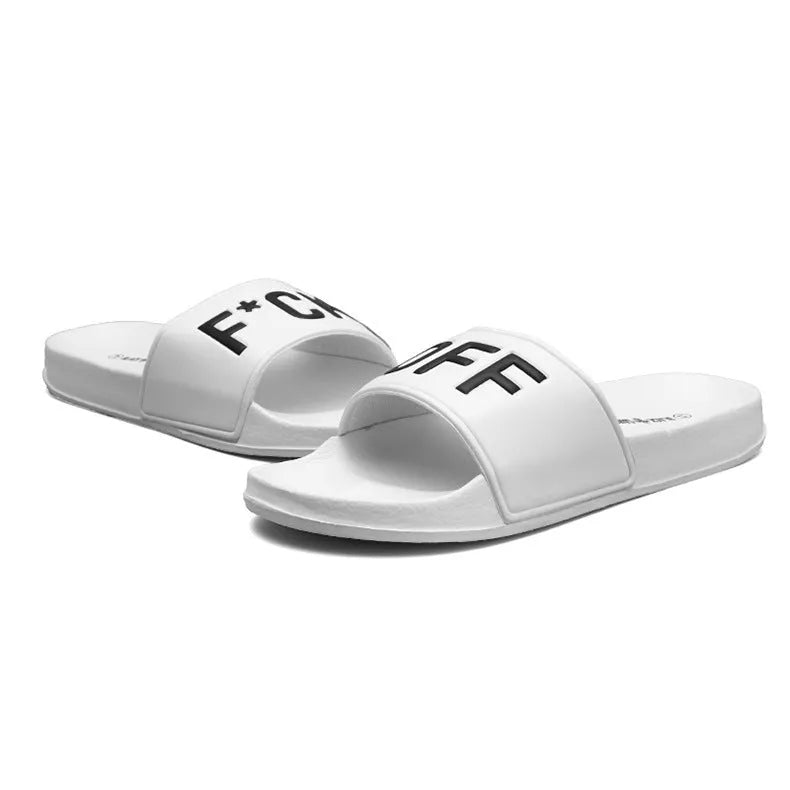 Large size men's personalised open toe slippers in black or white with a rubber sole.