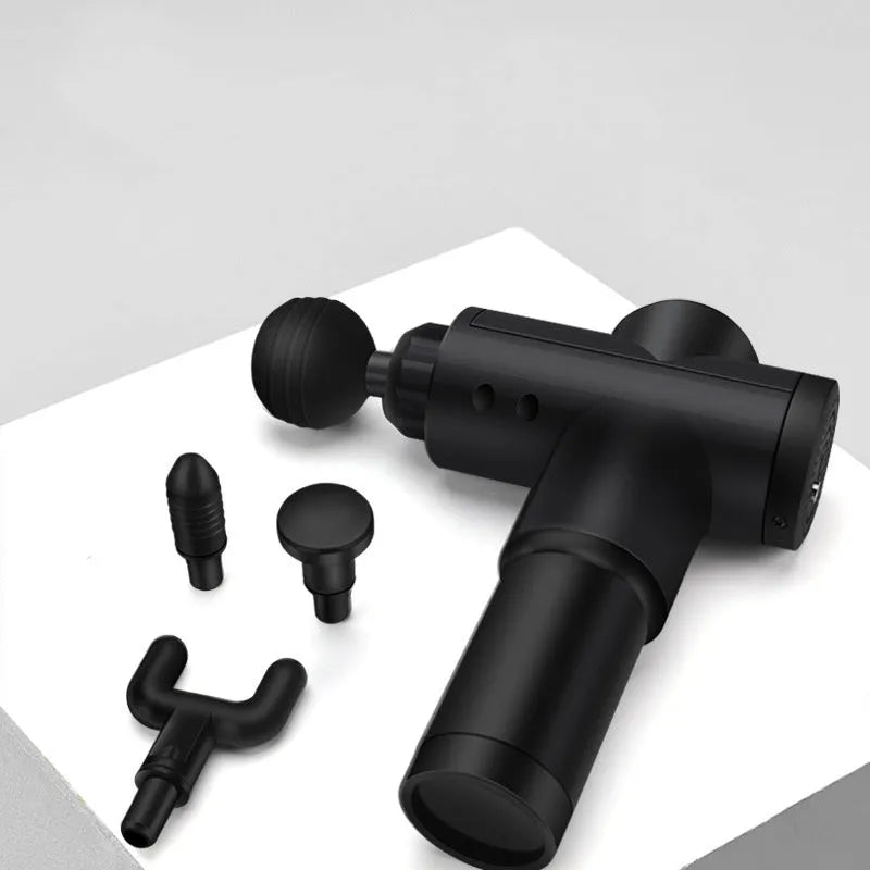 Black rechargeable percussion massage gun with 2000mAh battery and variable speed 1200-3300 rpm