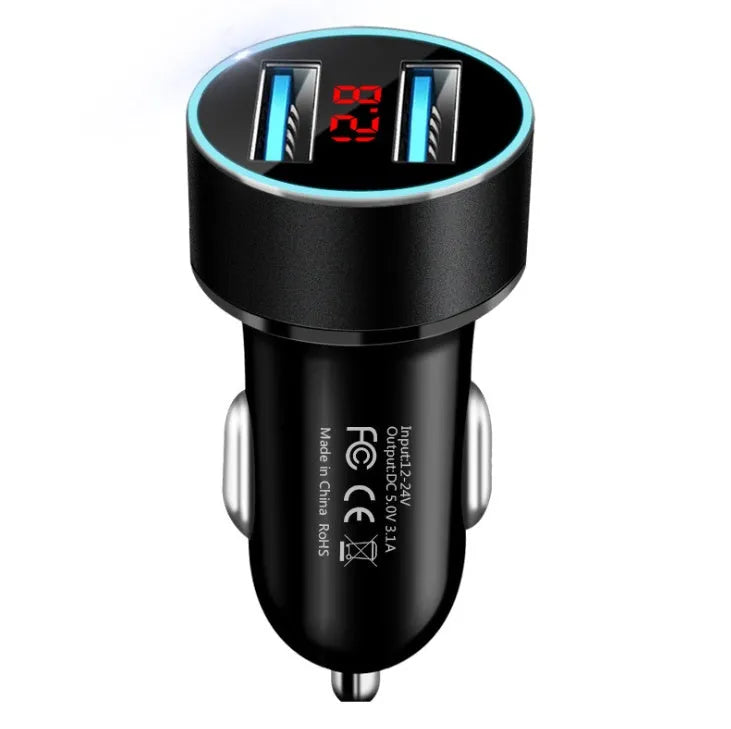 Dual USB car charger with display and aluminium alloy ring, available in five colours