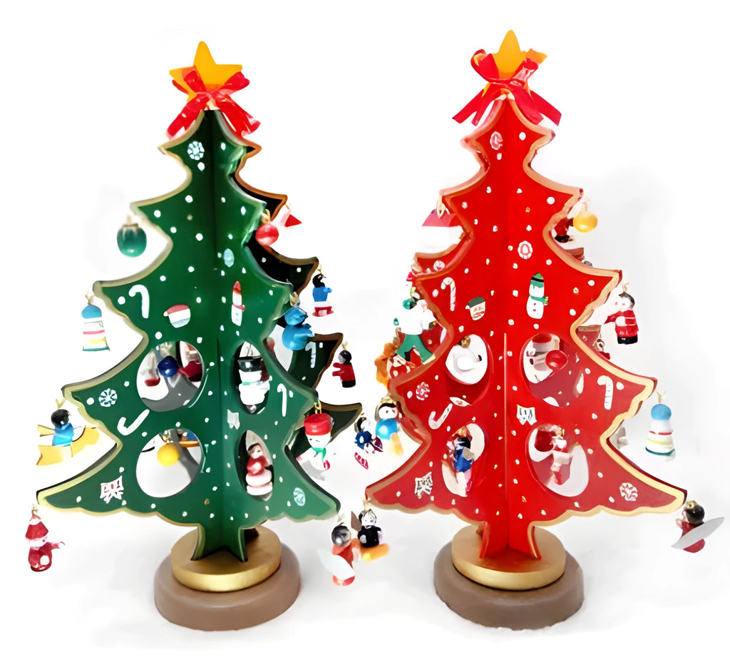 Hand-painted red wooden Christmas tree decoration approximately 36cm tall on a desktop