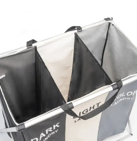 Grey foldable 3-compartment laundry basket with Oxford cloth body and aluminium frame