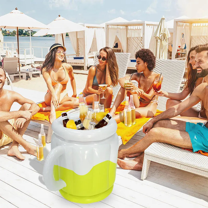 Yellow inflatable PVC ice bucket designed for beer steins and drinks bottles