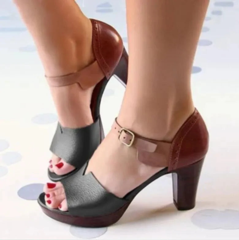 Stiletto heels with artificial PU upper, TPR sole, bag heel back, shown in black, brown, gold, and red, sizes 36-41.