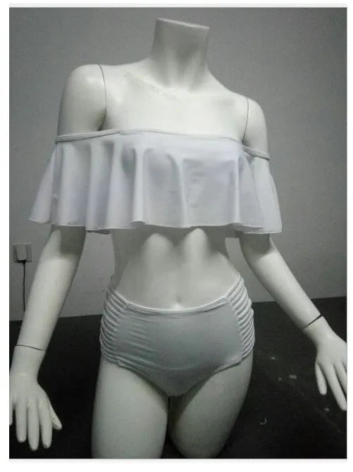 High waist one shoulder split bikini swimsuit in solid colour with braided strap and removable pads