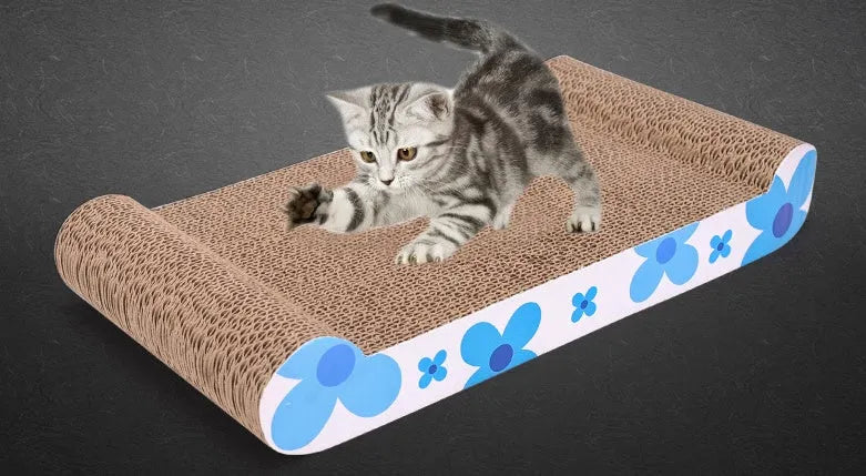 Blue cat scratcher board made from high density corrugated paper, size 44x24x6.5cm