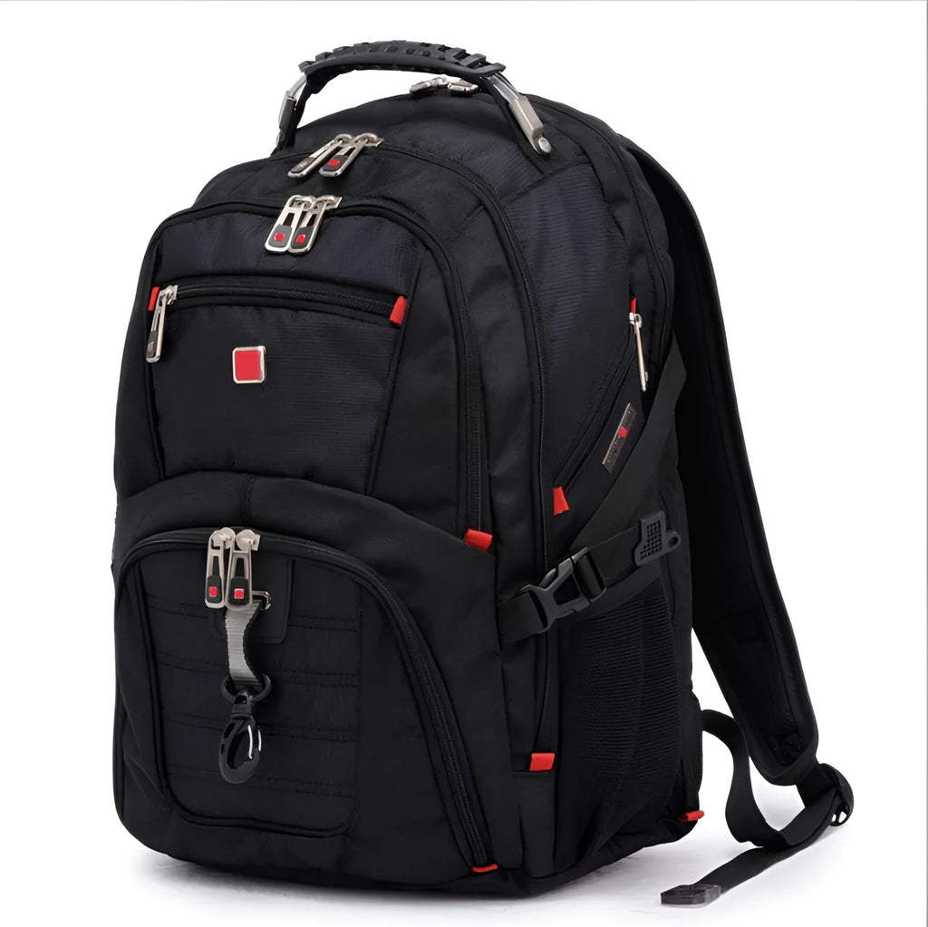 Black business computer backpack with 38-litre capacity showing three compartments for laptop organisation