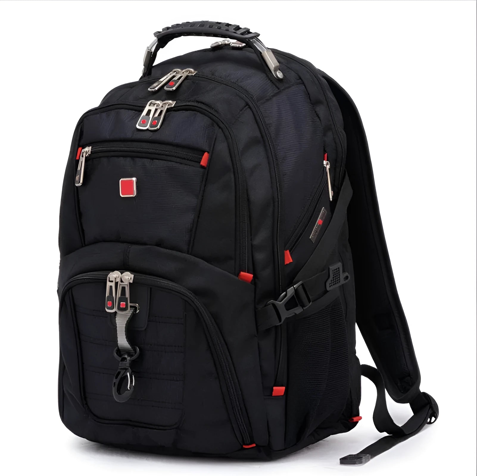 Black business computer backpack with 38-litre capacity showing three compartments for laptop organisation