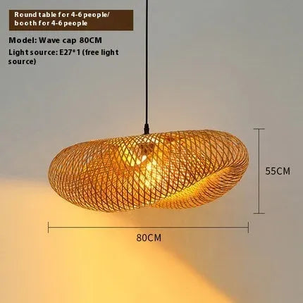 Natural bamboo straw hat-shaped pendant hanging lamp with woven texture
