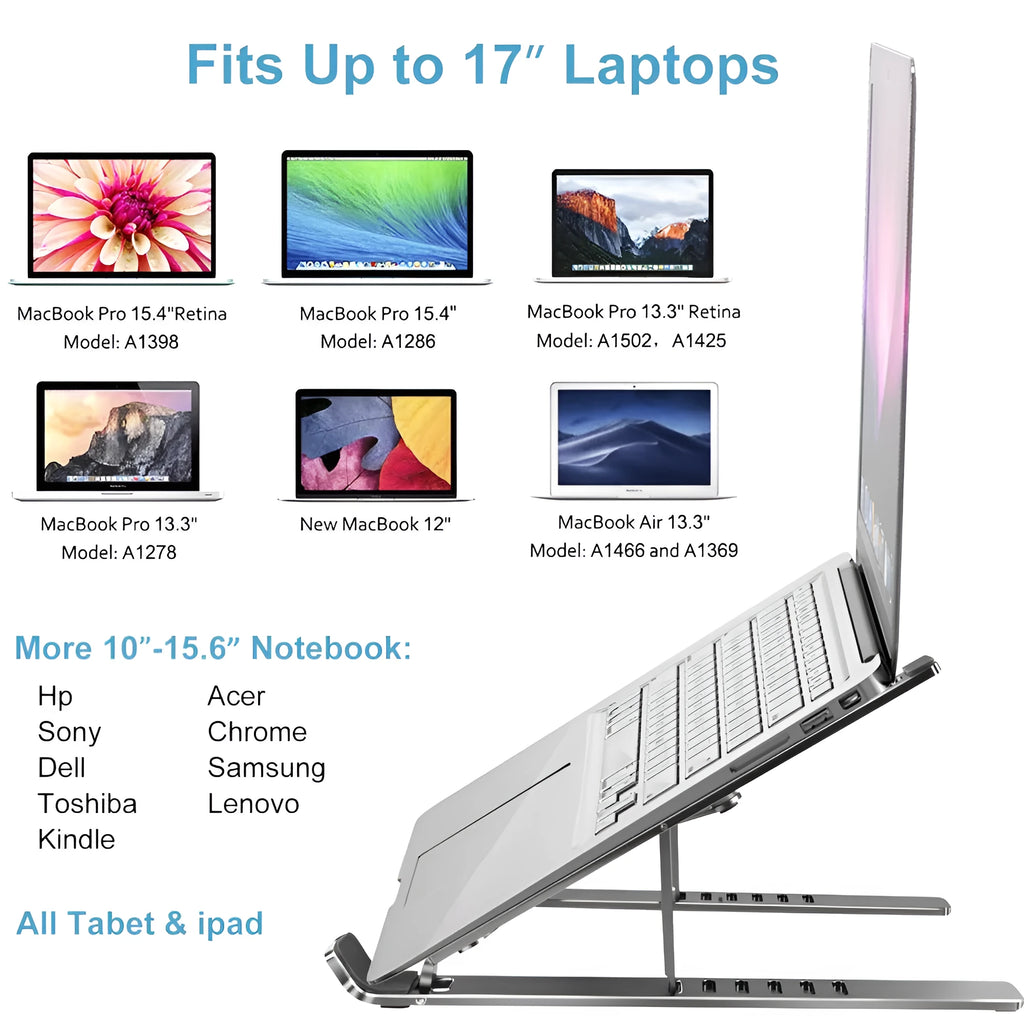 Silver aluminium alloy portable laptop stand with six-gear adjustment folded on a desk