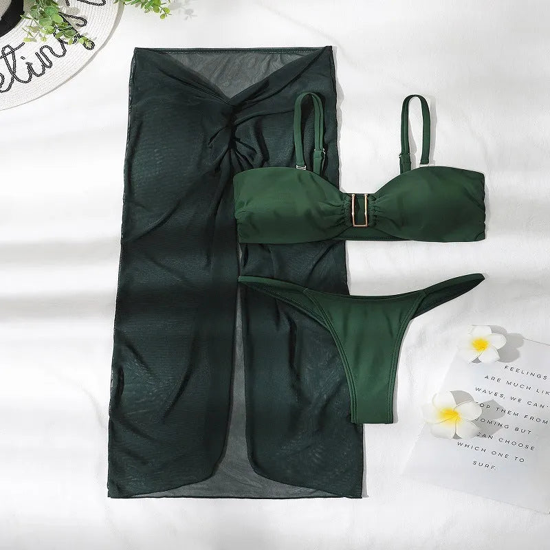 Women's multicolour French-style three-piece swimwear set with bikini and long culottes