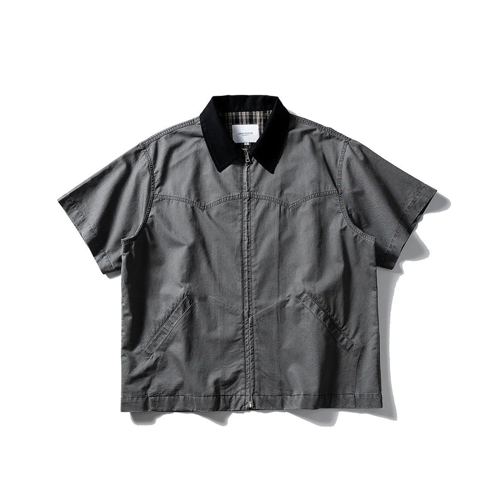 Short sleeve washed overalls shirt in loose cardigan style, cotton fabric, khaki or grey colours