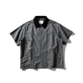 Short sleeve washed overalls shirt in loose cardigan style, cotton fabric, khaki or grey colours