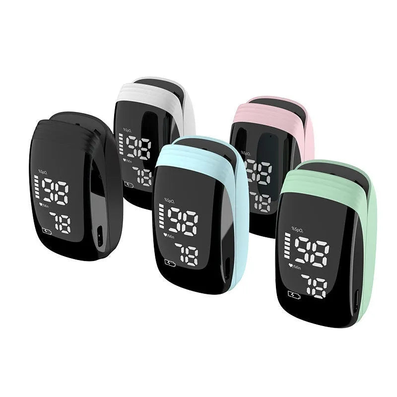 Rechargeable finger clip pulse oximeter with built-in battery, ABS body, and English manual, shown in light blue.
