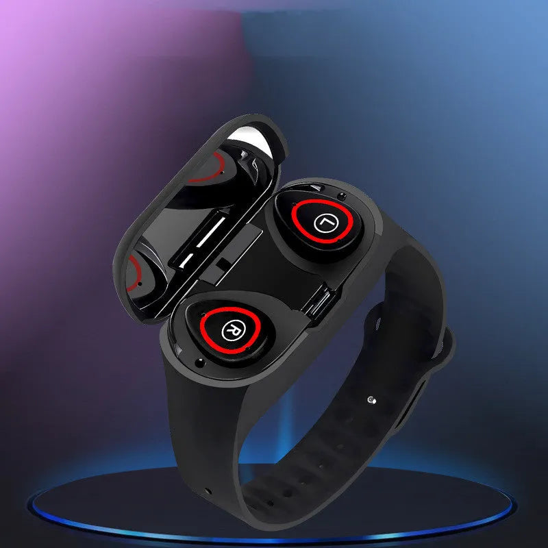 Blue smart bracelet and earphone combo with 1-inch screen on a silicone wristband.