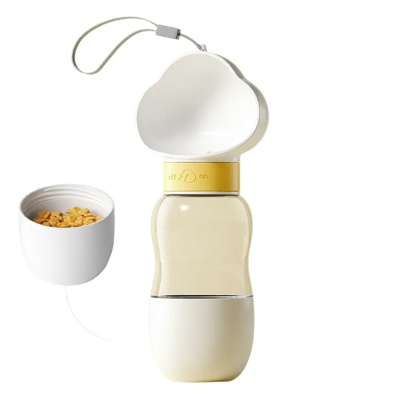 Portable dog water bottle with 2-in-1 water dispenser and food container, rotary switch, and attached belt, in purple colour.