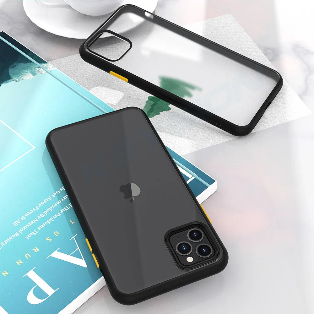 Frosted solid colour protective case for iPhone 11 series, showing black, green, purple, and red options.