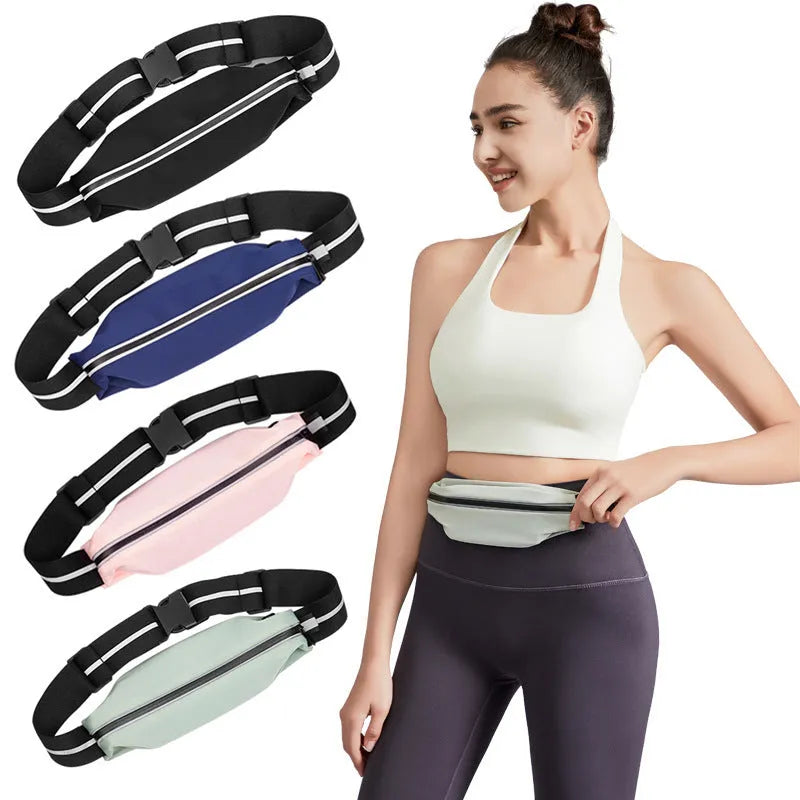Lightweight waterproof running pouch in black with stretch fit and reflective strip for outdoor sports