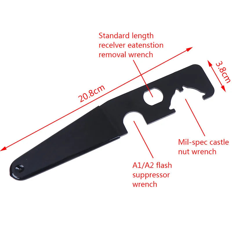 Black steel and rubber multi-function tactical wrench on dark surface showing slim 20.8cm profile
