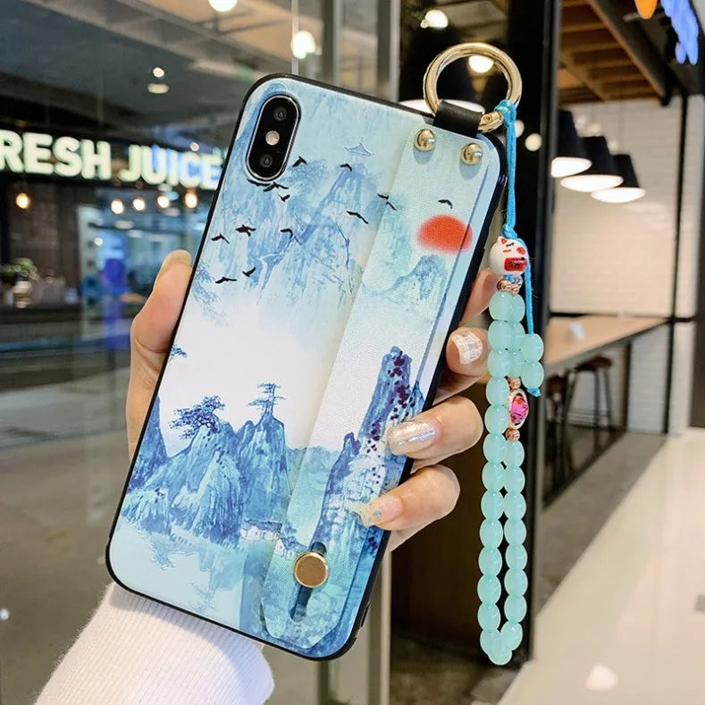 Rose flower design wrist strap phone case compatible with iPhone models in multiple style options