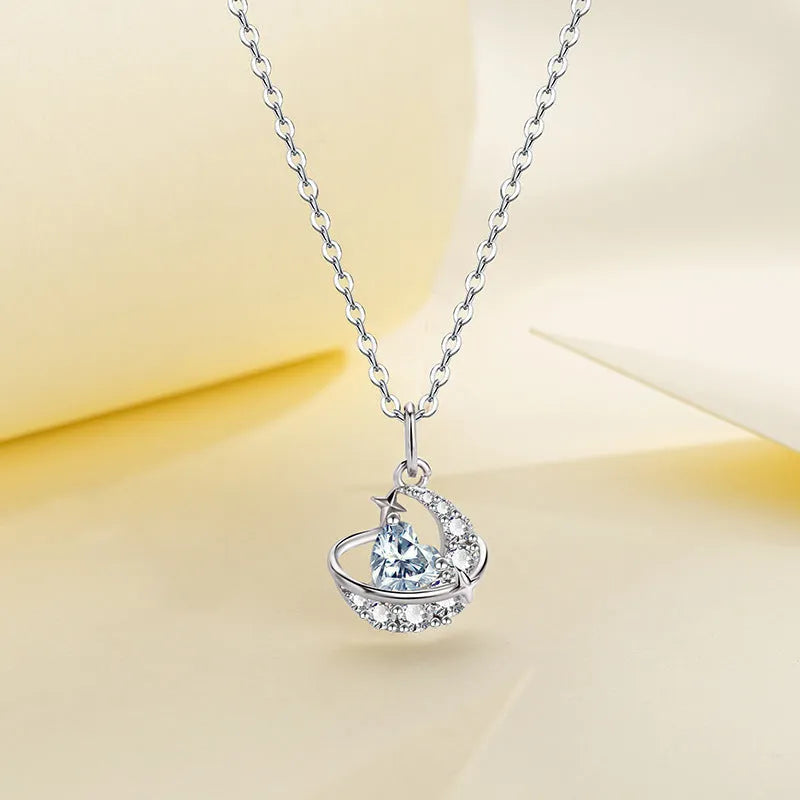 Design Sense Moon Heart clavicle chain necklace copper electroplated white diamond pink diamond dream color rhinestone women fashion OL