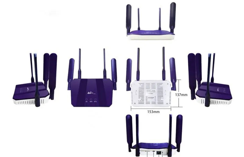 Blue 4G dual-mode wireless router with four extended antennas showing front panel with indicator lights