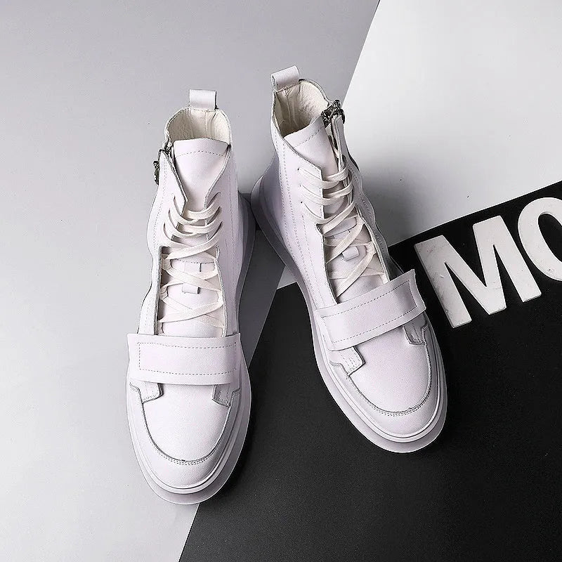 Men's black PU leather high-top winter ankle boots on a white background, showing sneaker-style design.