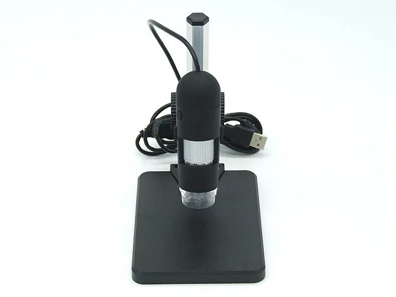 Black USB microscope camera with 1000X magnification, 8 LED lights, and adjustable focus