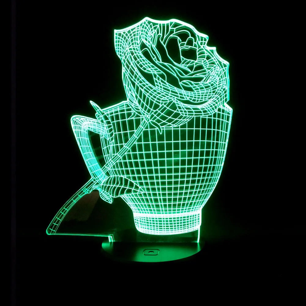 3D rose flower design night light showing colour change on acrylic panel with ABS base.