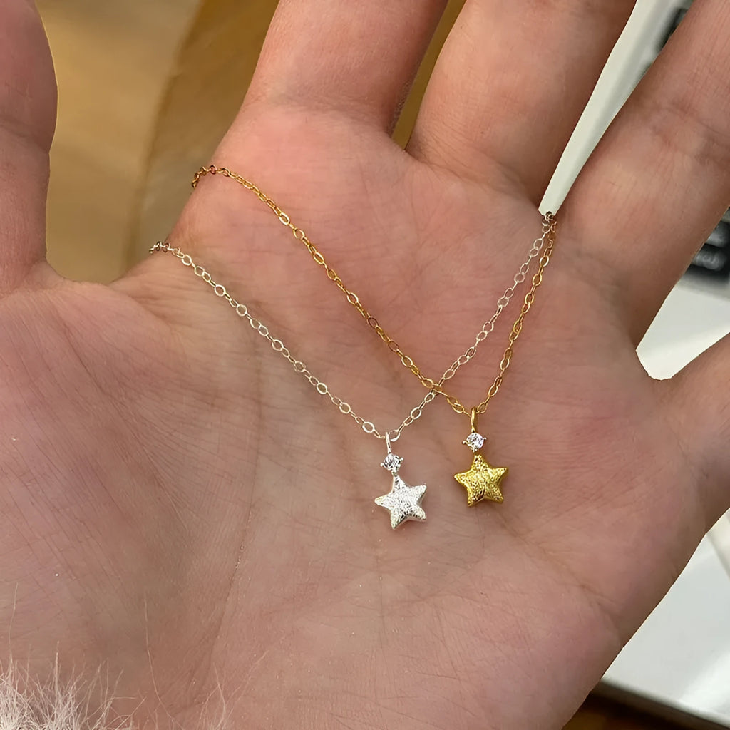 S925 sterling silver star zirconium pendant necklace brushed finish plain silver option women jewellery