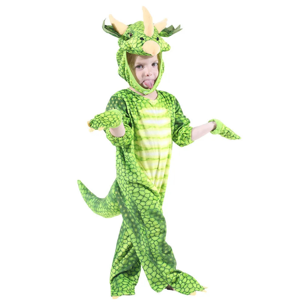 Children's Triceratops dinosaur Halloween costume jumper in polyester fabric, available in multiple colours and sizes