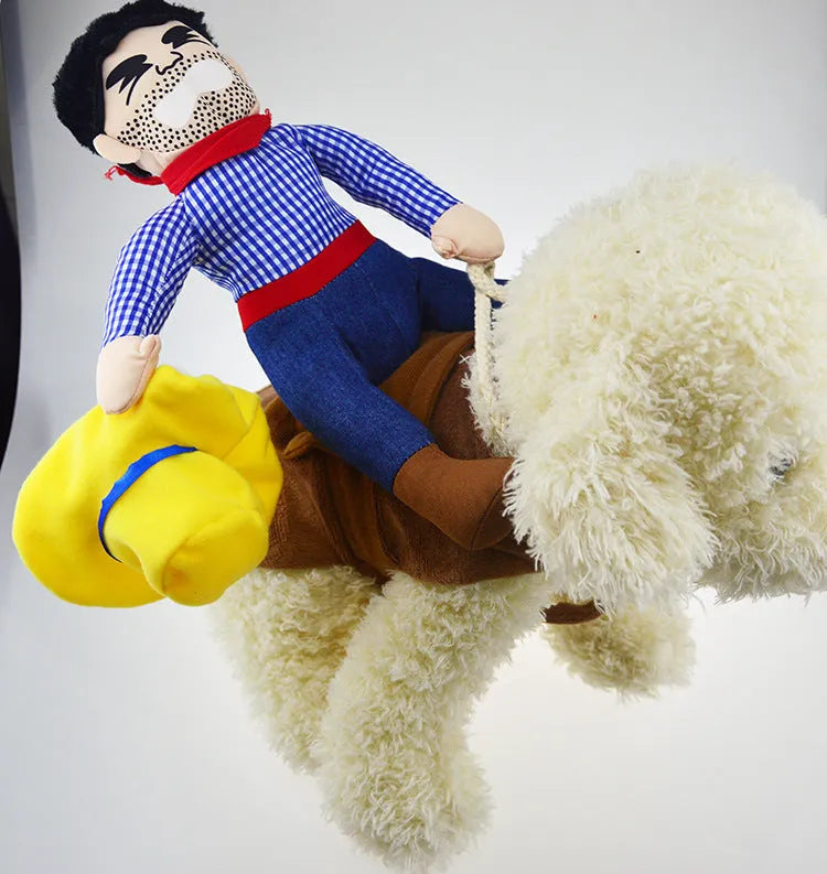 Santa Claus horseback riding pet costume in cloth, styles Brown, Christmas doll, Old man doll, sizes S to XL.