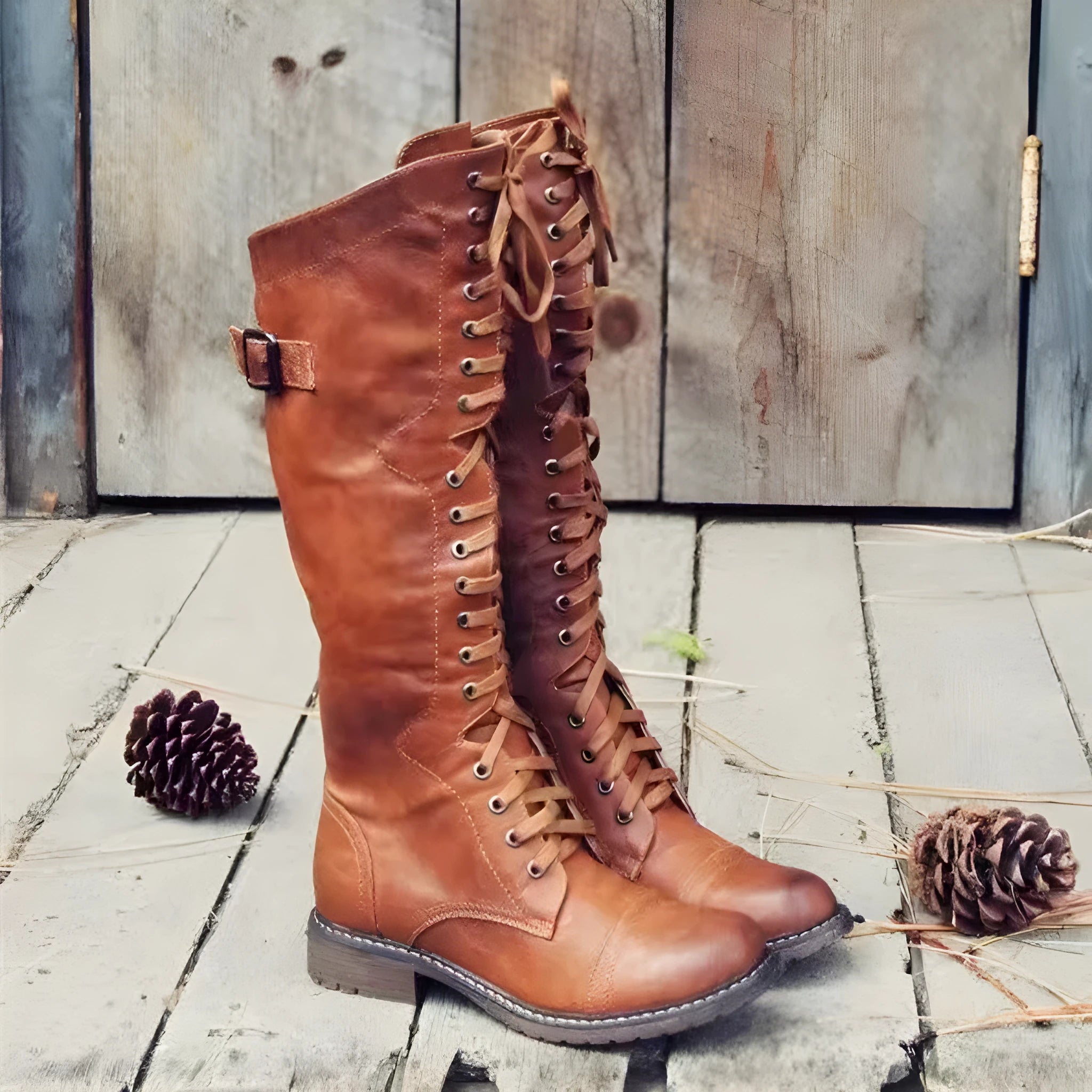Women's black chunky heel high leg boot with a round toe and rubber sole.