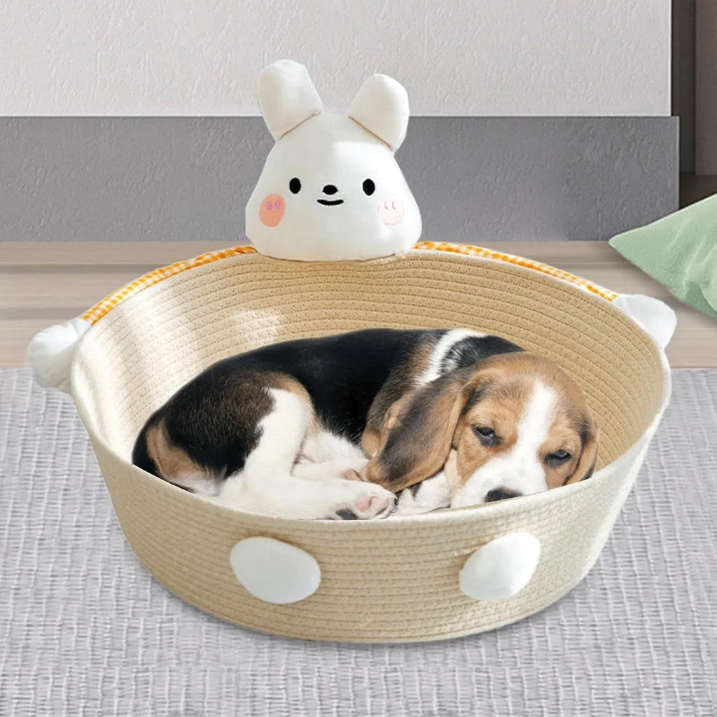 Woven cotton rope cat bed with integrated scratching board in basket design
