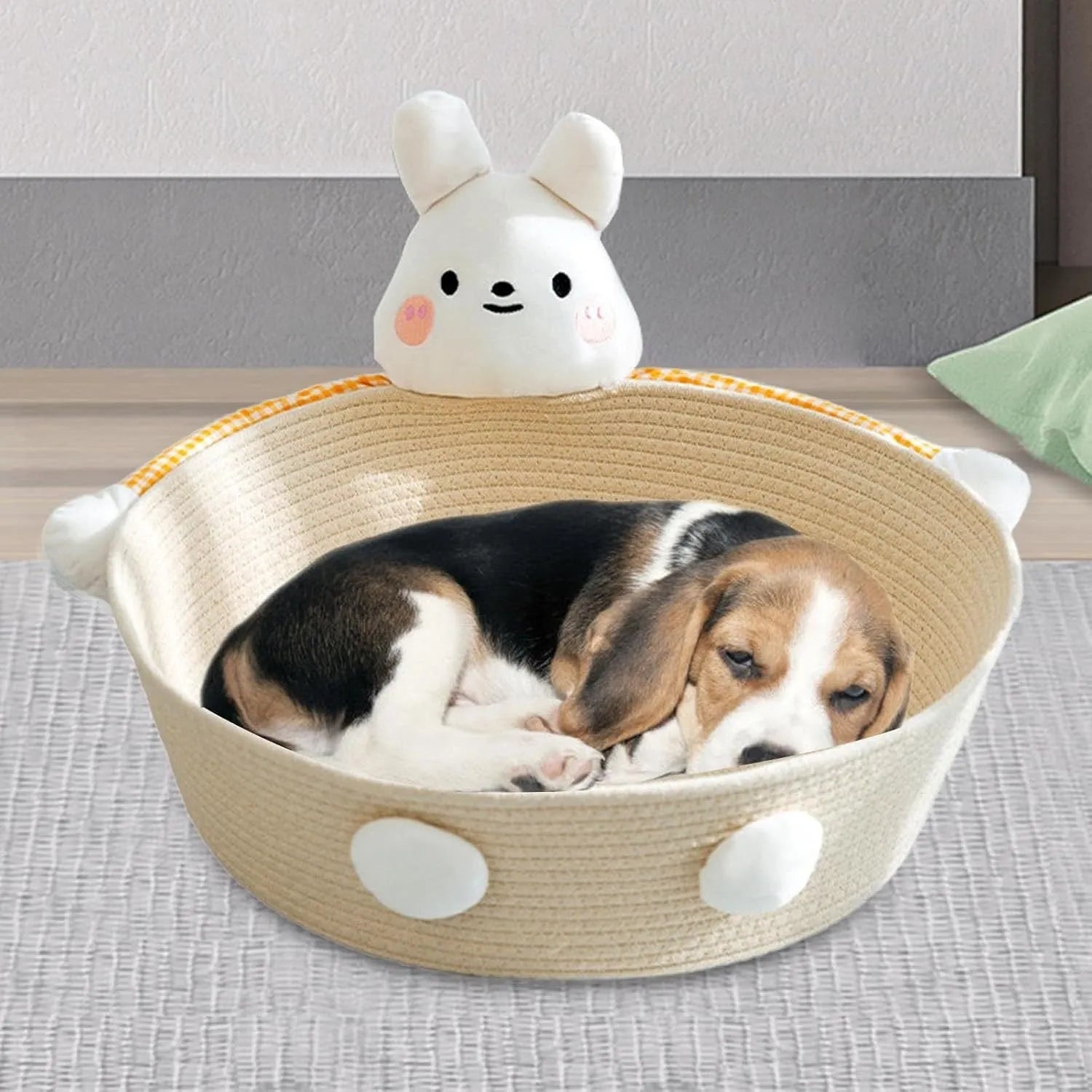 Woven cotton rope cat bed with integrated scratching board in basket design