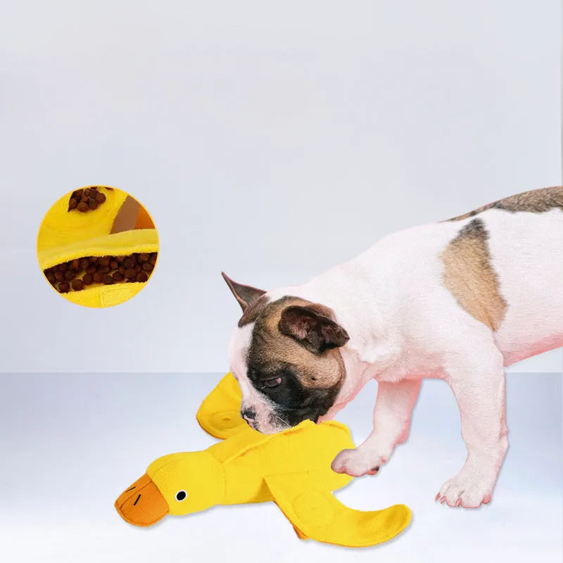 Yellow teddy dog toy with duck attachment and sound module for training and teeth stimulation