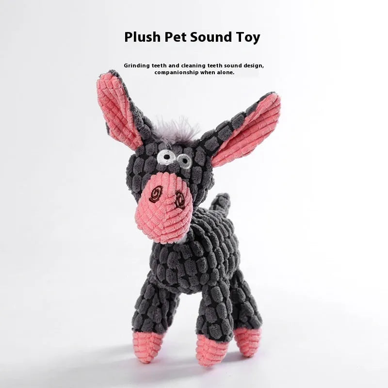 Plush bite-resistant pet chew toy for puppies in various styles including donkey, rechargeable duck, and elephant characters.