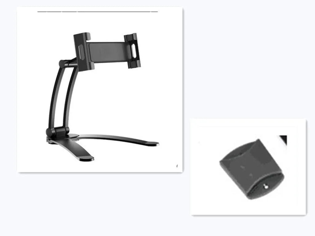 Silver aluminum alloy desktop tablet stand with white mount holding a tablet at an angle