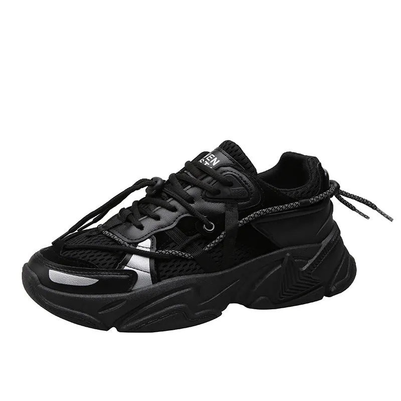Men's white Korean-style platform dad shoes with lace-up front and breathable mesh lining.