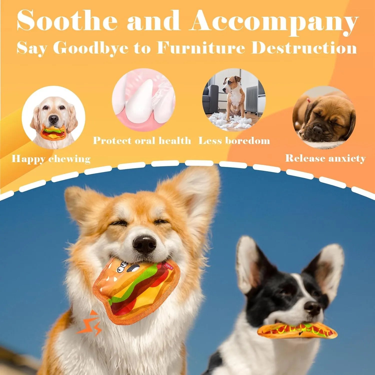 Food-shaped crinkle and squeaky dog toy in hamburger, fries, hot dog, or pizza design for interactive play.
