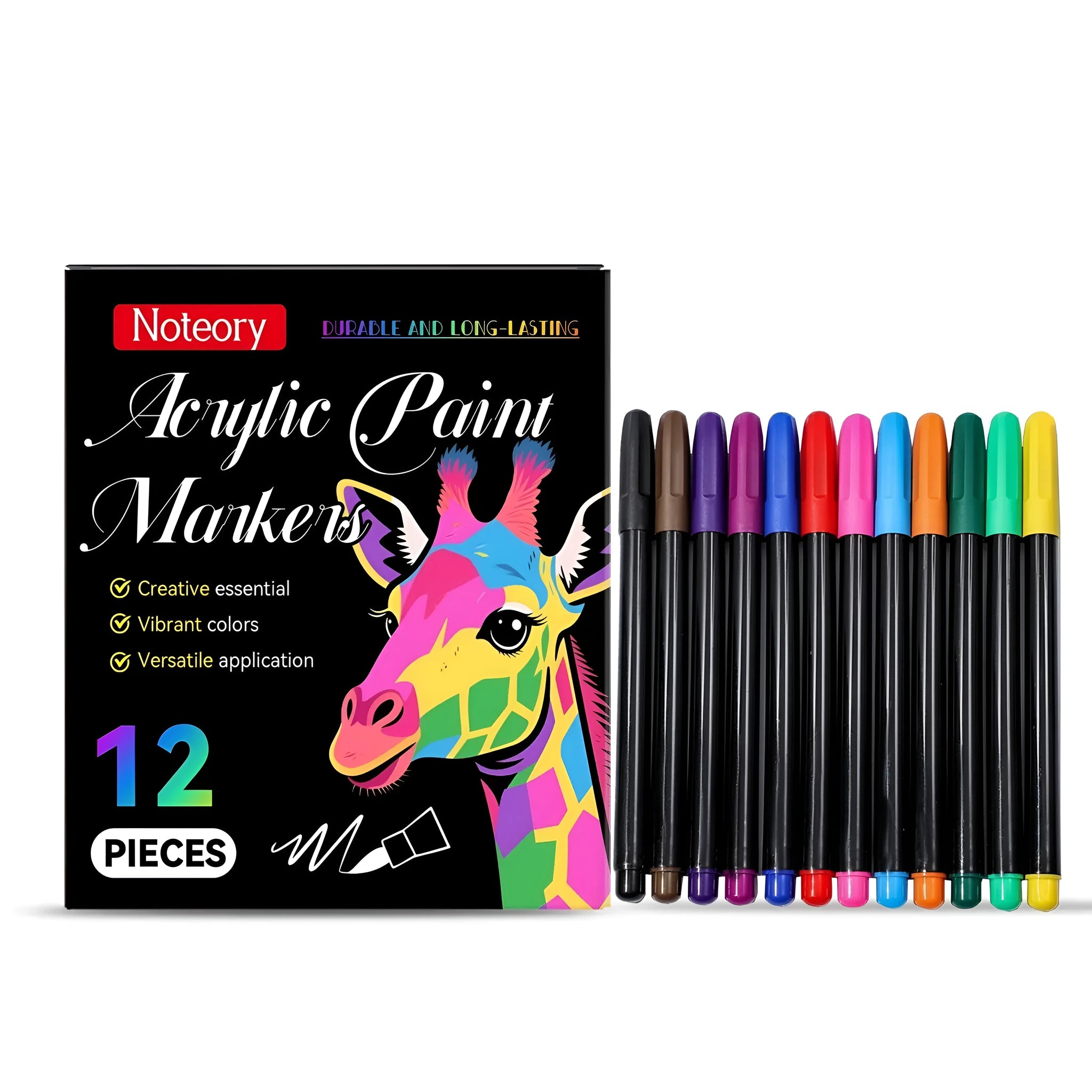 Set of 12 acrylic paint markers with coloured barrels and 2mm bullet tips.